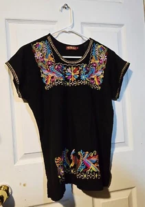 Authentic Mexican Embroidered Blouse Women's Floral Peasant Top Size 6 yoga S1 - Picture 1 of 19