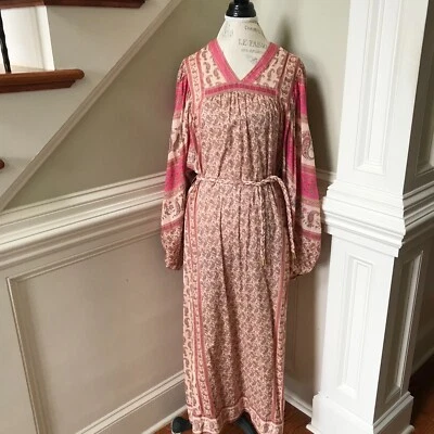 Vestido maxi Zimmermann zimbro feminino 1 pequeno rosa algodão manga longa cinto gola V - Imagem 1 de 4