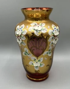 VTG BOHEMIA CZECH CRYSTAL FLOWER VASE GOLD GILDED FLORAL HAND MADE 6'' Sticker - Picture 1 of 9