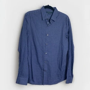 Perry Ellis Blue Checked Slim Fit Mens Size Medium Button Down Shirt 100% Cotton - Picture 1 of 10