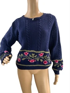 Birch Bros Women's Cable Knit Sweater Size Medium Blue Pink Floral Pattern Twee - Picture 1 of 14