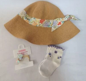 Vtg Gymboree Bonjour Provence faux straw floppy sun hat S M 3 4 socks hair pony - Picture 1 of 5