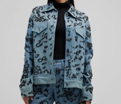 $697 Rag & Bone Women's Blue Sequin Denim Trucker Jacket Size L - Image 1 of 3