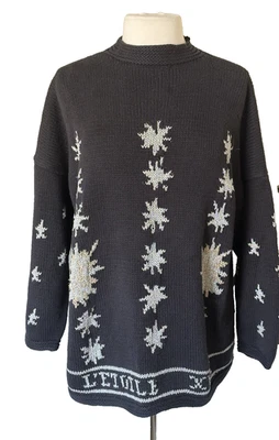 Vintage Saks Fifth Avenue L Pullover Knit Sweater Lurex Snowflakes Mock Neck - Image 1 of 4