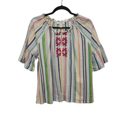 Vintage America Embroidered Striped Boho Top M Cotton/Viscose 4190 - Image 1 of 4