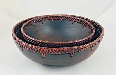 Juego de cuencos de madera hechos a mano tejido marrón mimbre ratán borde 10 pulgadas y 8 in. Foto 1 de 4