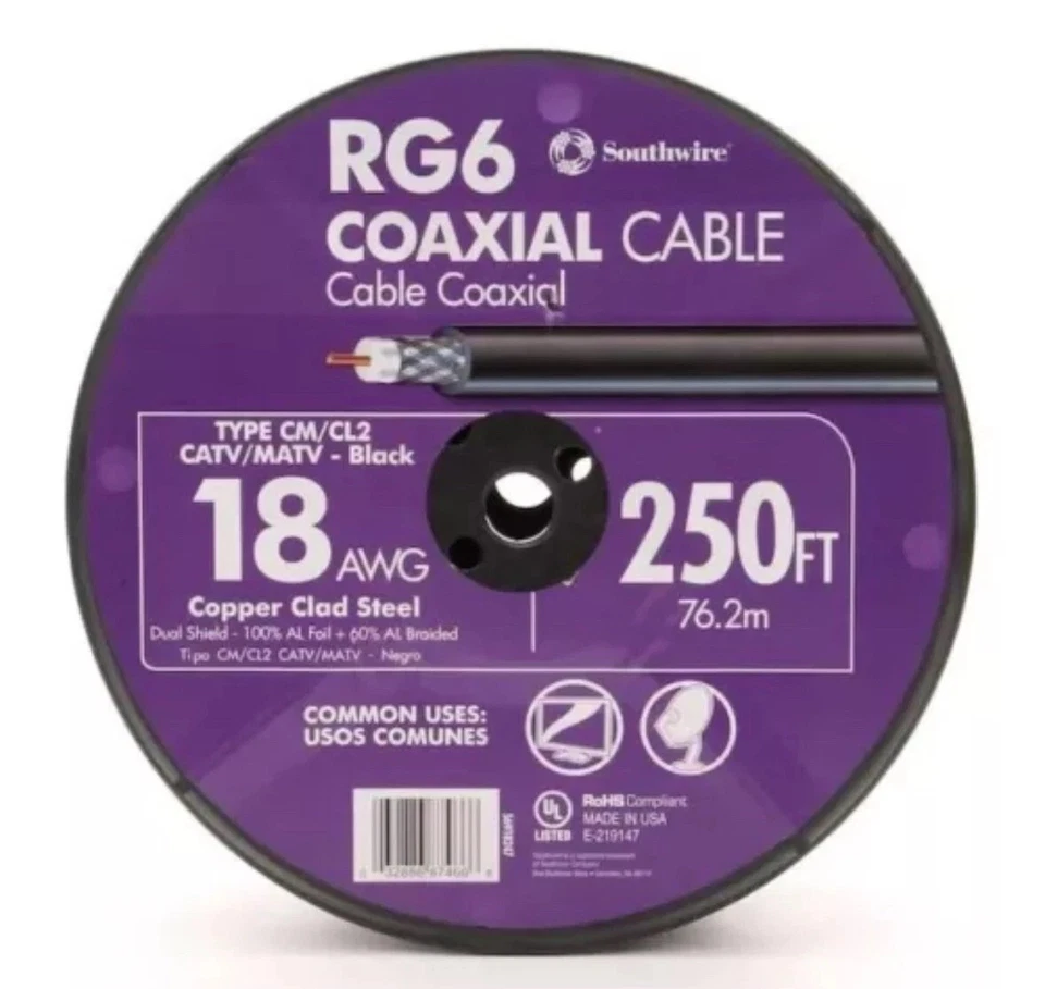 Southwire RG6 Coaxial Cable 250ft Roll 18AWG Black Copper-Clad Steel – New - Image 1 of 1