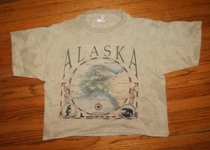 Vintage 90s Alaska Map Spell Out Tan Tie Dye Cropped Womens L TShirt USA Made - Bild 1 von 13