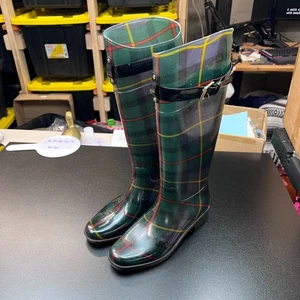 Lauren By Ralph Lauren Rossalyn Plaid Knee High Rubber Rain Boots 7 In Green - Picture 1 of 7