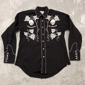 Rockmount Ranch Wear Shirt Mens Medium Skull Rose Embroidered Western Pearl Snap - Picture 1 of 12