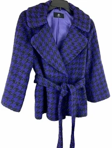 Arnoldo Bassini Italy-Woman’s Sz-S Tweed Houndstooth Coat Tie Belt Purple Black - Picture 1 of 11