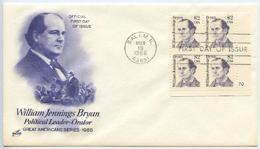 1986 FDC, $2.00 WILLIAM JENNINGS BRYAN,  BLOCK - Image 1 of 1