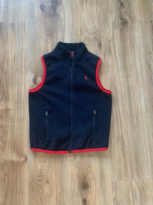 Polo Ralph Lauren Vest  10/12 Blue W/ Red Trim Fleece Zip Pockets Logo Pony - Image 1 of 4