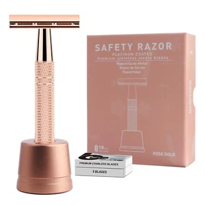 Bulimica Double Edge Safety Razor Rose Gold w/ Stand & 10 Blades New - Picture 1 of 3