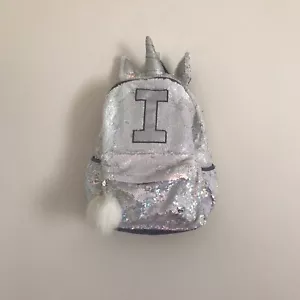 Justice Shimmer Girls Initial Letter I Silver Sequin Unicorn Backpack, Beautiful - Picture 1 of 12