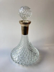 VTG Diamond Cut Glass Ships Decanter w/ Brass Plate Collar ~ with Stopper - Picture 1 of 5