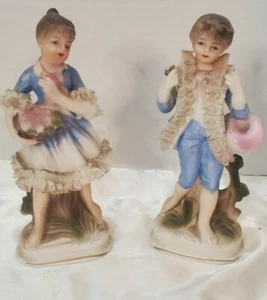 ENESCO JAPAN PAIR Boy Girl Blue Porcelain Bisque Lace Figurines - Picture 1 of 12