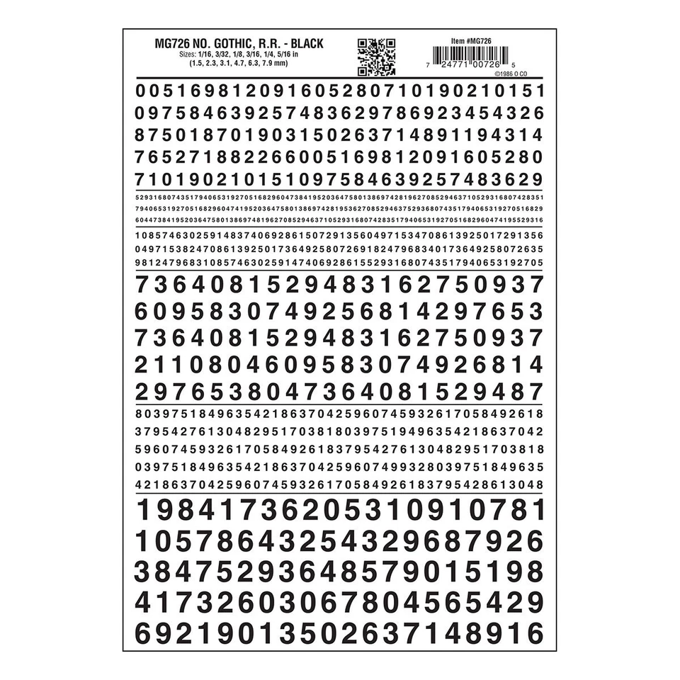 Woodland Scenics Dry Transfer Decals MG726 Numbers Gothic R.R. Black NEW - Image 1 of 1