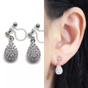 Pendientes colgantes con clip invisible de circonio cúbico de circonio circular de plata lágrima cúbica - Imagen 1 de 10