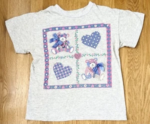 STAINED AS IS Vintage YOUTH KIDS Medium 10 Spumoni Bear Floral Heart Bow T Shirt - Picture 1 of 16