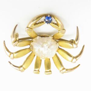NYJEWEL 14k Yellow Gold Pearl & Blue Stone Crab Pin Brooch 