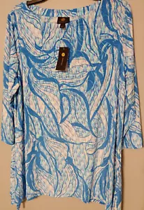 JM Collection Tunic Top Womens L Ocean Turq. Combo Blue Gray Boat Neck NEW NWT - Picture 1 of 9