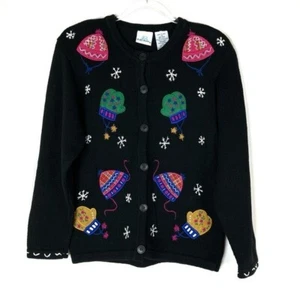 Bobbie Brooks Vintage Winter Sweater Black Cardigan Gloves Hats Embroidered S - Picture 1 of 6