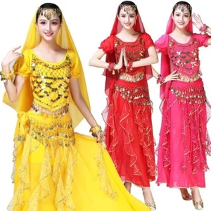 Belly Dance Costume Indian Dance Sequins Beads Chiffon Top Skirt Belt 8 Colors - Picture 1 of 14