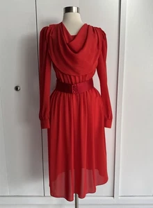 Vintage Red Hot 1970’s Disco Party Dress Cowl Neck Midi High Belted Waist - Picture 1 of 13