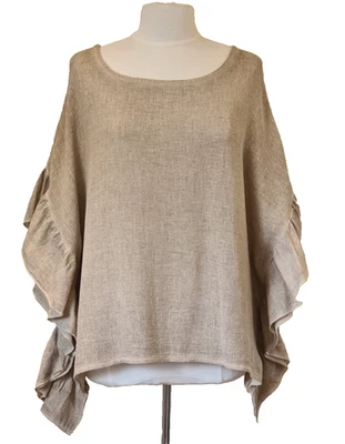Italian washed linen Lagenlook Top Mocha Ruffle sleeve One Size UK 10-16 - Image 1 of 4