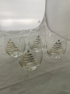 Pier 1 Stemless Glasses 18 fl. oz. Set of 4 Holiday Christmas Gold Trees NWT - Picture 1 of 7