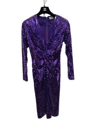 Платье женское Oleg Cassini 8 фиолетовое с блестками длинным рукавом узел спереди коктейльное миди - Изображение 1 из 4