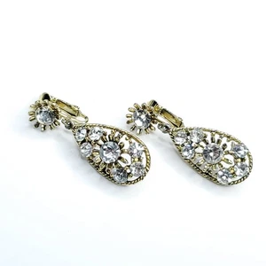 Goldtone Rhinestone Dangle Clip On Earrings Teardrop Bling Evening Party - Picture 1 of 2
