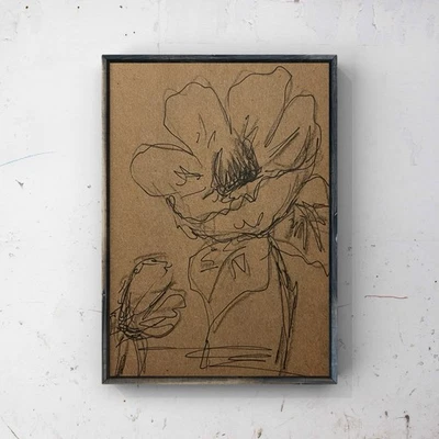 Dibujo floral minimalista firmado flores silvestres arte lápiz delineador flores boceto 4x6 Foto 1 de 4