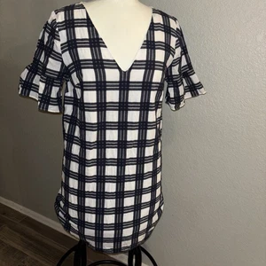 Vestido Madewell Leighton a Cuadros Volantes Manga Campana Azul Marino Blanco Talla 4 - Imagen 1 de 7