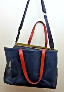 BetaBrand Big Leather Bag Blue w/ Orange Handles Mustard Interior EUC - Picture 1 of 18