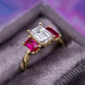 3 Ct Emerald Cut Diamond Engagement Ring 14k Yellow Gold Over Trilogy Solitaire - Picture 1 of 6