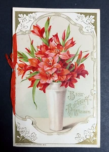 Best Birthday Wishes Winsch Postcard Gold Embossed Flowers in Vase Ribbon 1913 - Picture 1 of 7