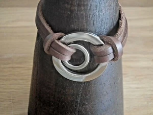Bracelet Cuir Marron/Gros et petit cercle Métal argenté -Bijoux-Unisex-Bracelets - Picture 1 of 4