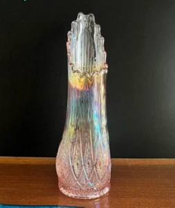 Vintage LE Smith Barbiecore Pink Diamond Cut Iridescent Swung Glass 12 3/4" Vase - Picture 1 of 12