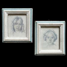 Vintage Pair of Italian Child Portraits Prints Framed Blue Distressed 4.5 x 5