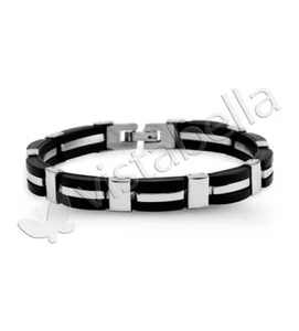 Bracciale Uomo Moderno Acciaio Inox Maglia Gomma Nera-ssb27 - Foto 1 di 2