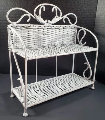 Vintage Wicker Shelf - White Hanging 2-Tiered Wall Shelf Cottage Victorian - Image 1 of 4