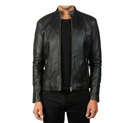 BASIC Men's Black Silver Zipper Jacket 100% Pure Lamb skin Causal SlimFit Jacket - Image 1 of 4