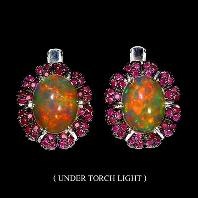 925 Sterling Silver Earrings Oval Fire Opal 9x7mm Ruby Natural Gemstone Jewelry - Image 1 of 4