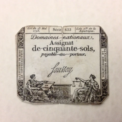 ~1793  France Assignat 50 Sols - French Revolution Banknote - FREE US SHIPPING Cover