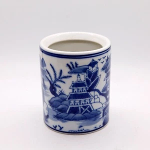 Antique Chinese Canton Hand Painted Porcelain Brush Pot Blue White - Picture 1 of 7