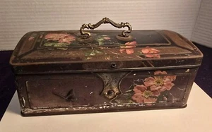 Embossed CRUMPSALL Butterfly Biscuit Tin Art Nouveau Brass Handle c.1900-1910 - Picture 1 of 9