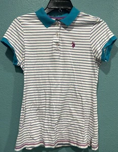 US Polo Assn Woman Blue Purple Striped Collared Polo Top Short Sleeve Shirt M - Picture 1 of 3