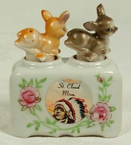 VINTAGE DEER NODDER SALT & PEPPER SHAKER SET ST CLOUD MINNESOTA STICKER - Bild 1 von 4
